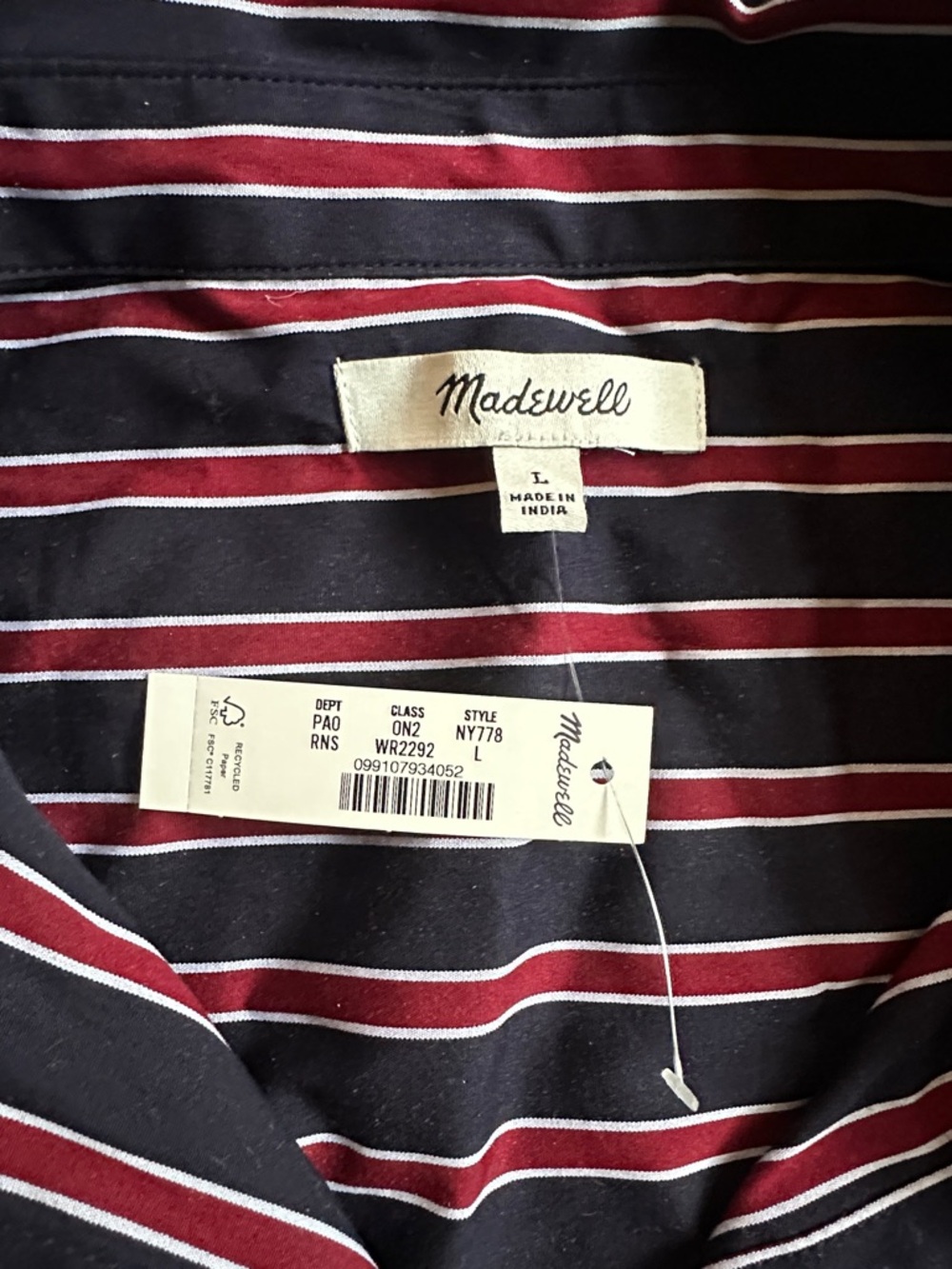 Madewell NWT long Button-Up Shirt in stripe poplin red blue women’s large - Picture 14 of 14